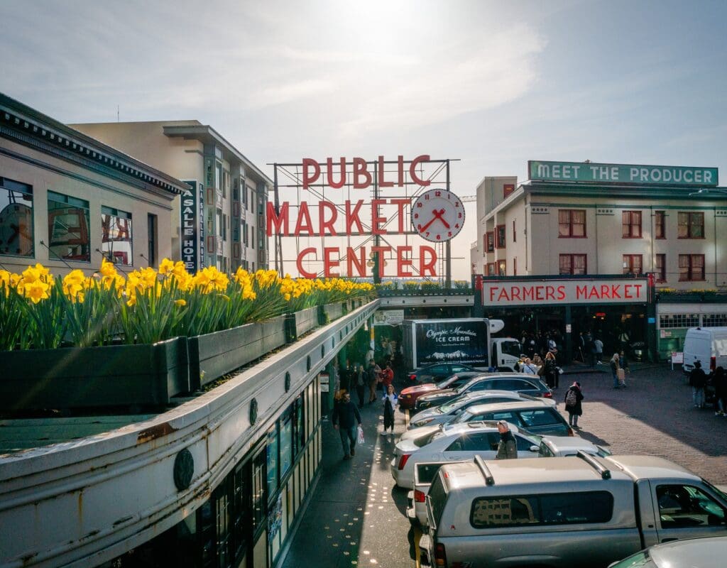 daffodils are on the roof of Pike Place Market